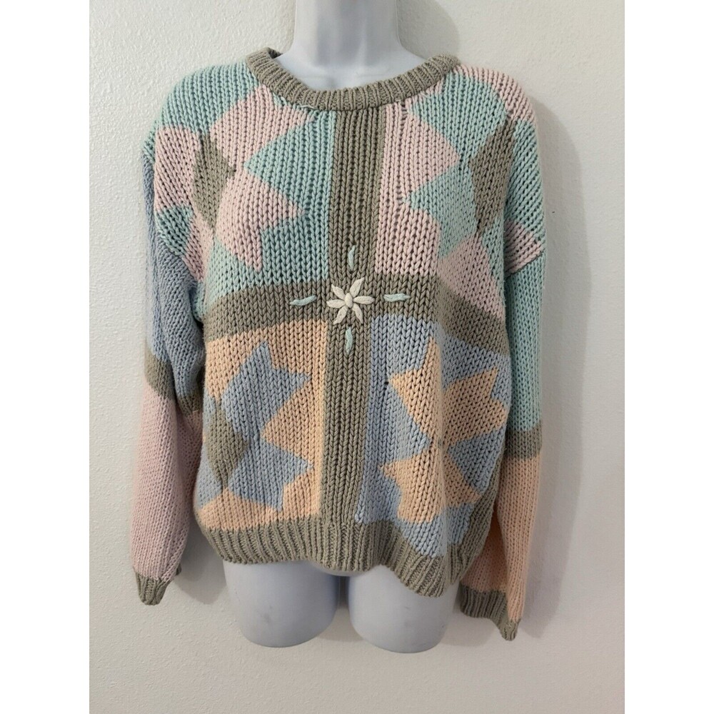 Colter Bay Sweater Vintage 1989 Pastel Patchwork Quilt Grannycore Cottage M